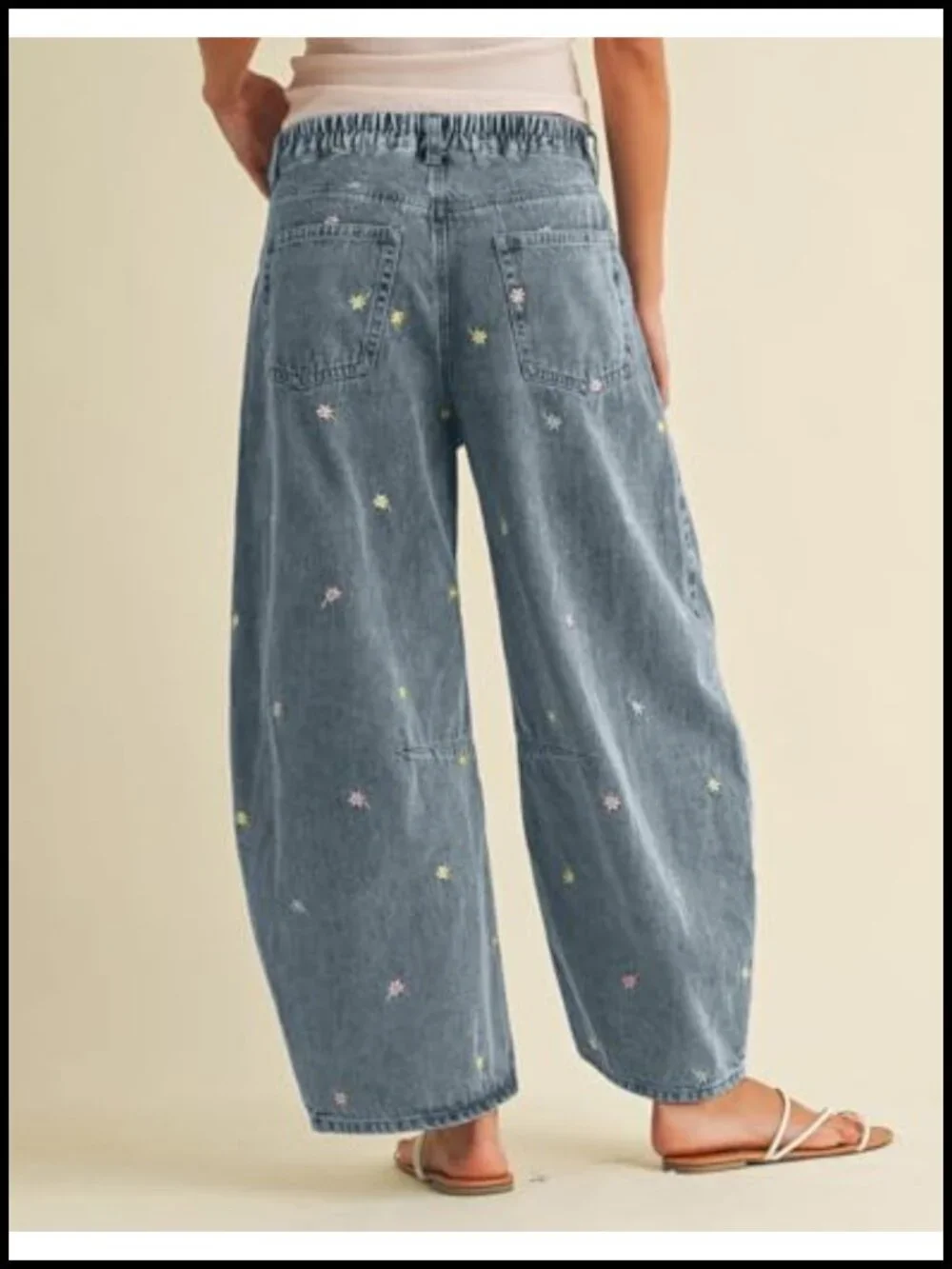 Embroidered Barrel Jeans Baggy Wide Leg Y2K Denim Ankle Pants Patchwork